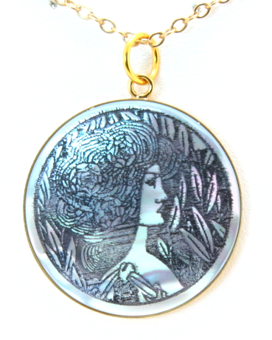 Art Etching Mother Of Pearl Pendant, Inspired from At by Beardsely