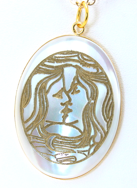 The Kiss, Art Etching Mother Of Pearl Pendant