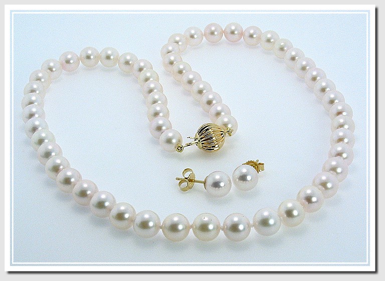 AA Grade 6.5-7MM Chinese Akoya Cultured Pearl Necklace Earring Set 14K 16in.