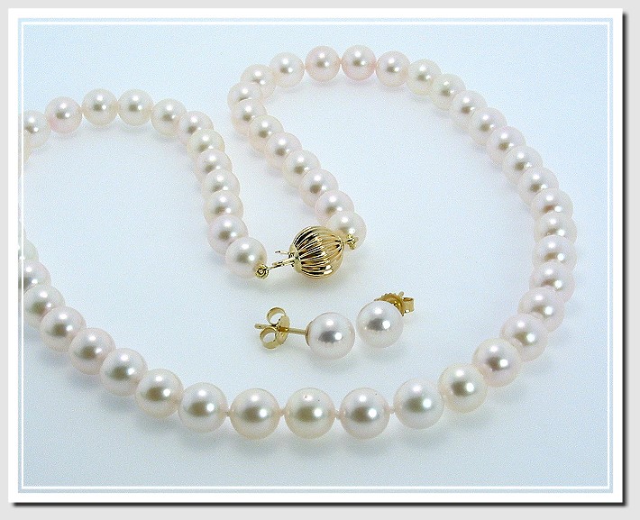 AA Grade 6.5-7MM Chinese Akoya Cultured Pearl Necklace Earring Set 14K 18in.