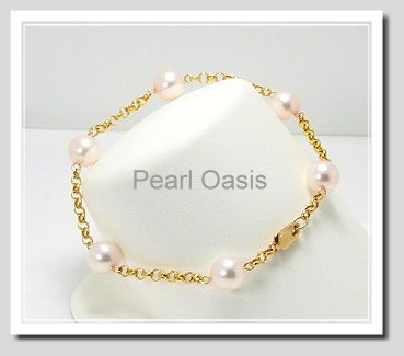Tin Cup Bracelet w/7-7.5MM Akoya Cultured Pearls, 14K Yellow Gold, 7 In.