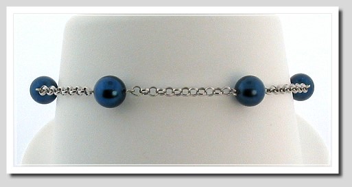 7-7.5MM Black Akoya Cultured Pearl Tin Cup Bracelet 14K Gold 7In