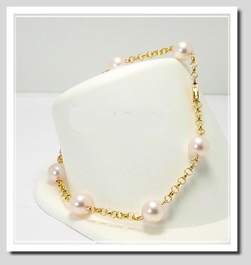 Tin Cup Bracelet w/7-7.5MM White Japanese Akoya Cultured Pearls, 14K Yellow Gold, 8 In. 