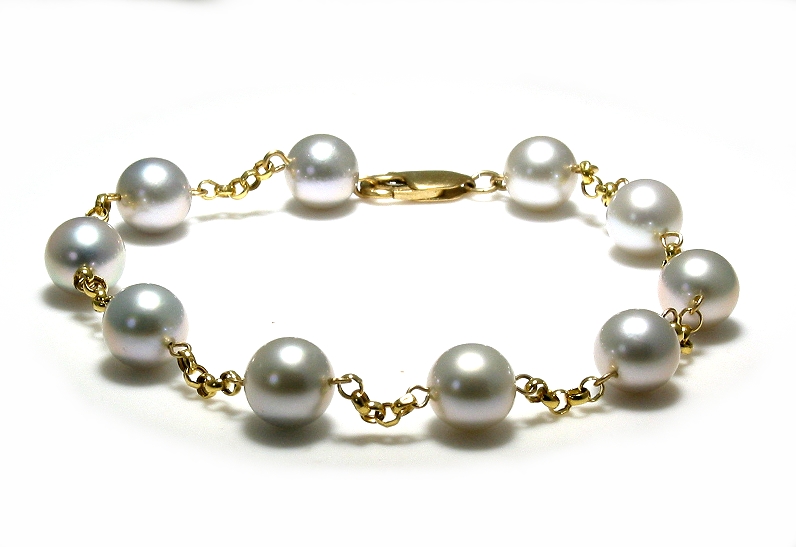 Tin Cup Bracelet w/7-7.5MM Silver Gray Akoya Cultured Pearls, 14K Yellow Gold, 8