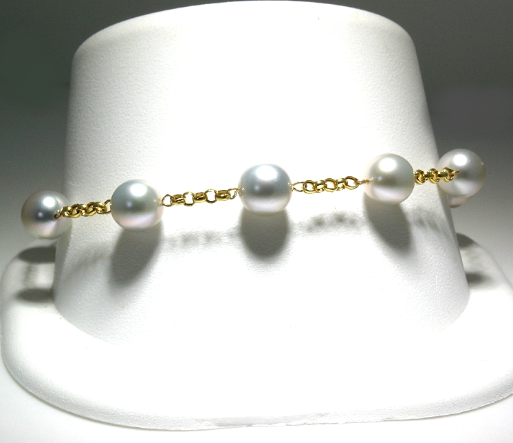 Tin Cup Bracelet w/7-7.5MM Silver Gray Akoya Cultured Pearls, 14K Yellow Gold, 8