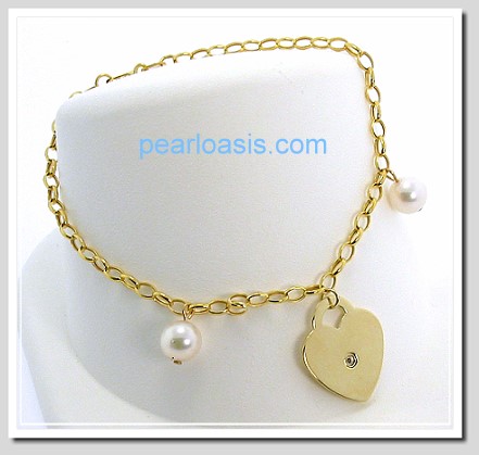 6-6.5MM Akoya Pearl Charm & Diamond Heart Bracelet 10K Gold 7.25in 
