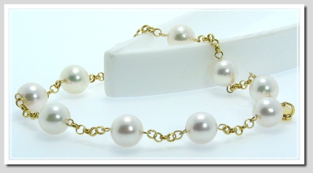 7.5-8MM White Japanese Akoya Pearl Tin Cup Bracelet 14K Gold 8in.
