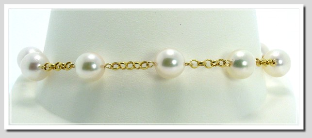 7.5-8MM White Japanese Akoya Pearl Tin Cup Bracelet 14K Gold 8in.