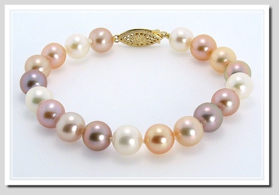 AAA Grade 8-8.5MM Natural Multi-Color Freshwater Pearl Bracelet 14K Gold 7in.