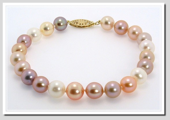 AAA Grade 8-8.5MM Natural Multi-Color Freshwater Pearl Bracelet 14K Gold 8in.