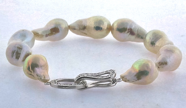12X16MM - 13X22MM White Baroque Freshwater Pearl Bracelet, Designer Silver Clasp, 8.5in