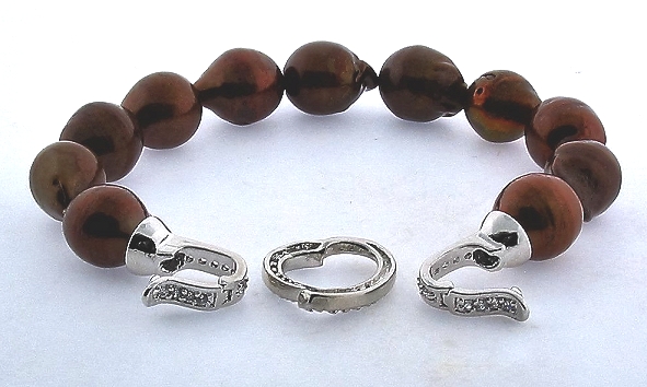 11X13MM Chocolate Brown Freshwater Pearl Bracelet, Silver Crystal Heart Clasp, 8in