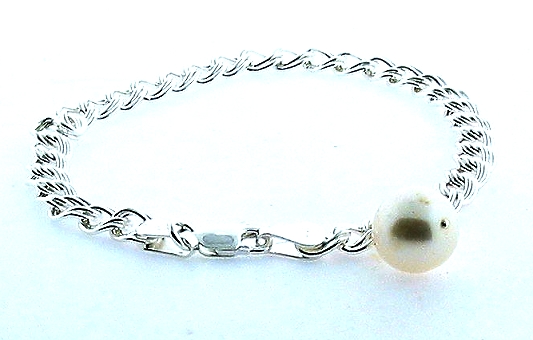 9.9MM White Freshwater Pearl Dangle Silver Bracelet, 7in
