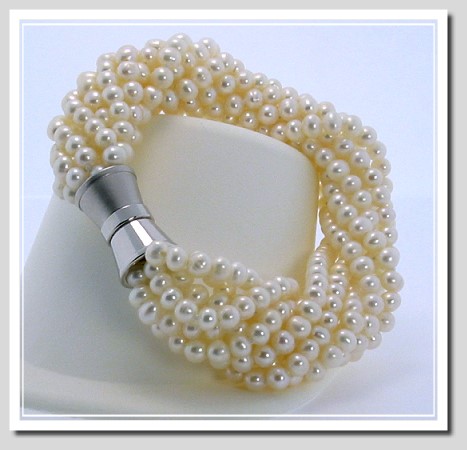 9 Strand 4-4.5MM Freshwater Pearl Twist Bracelet Magnetic Clasp 8in. 