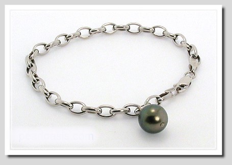 9.3MM Tahitian Pearl Charm Bracelet 14K White Gold 7in.