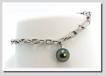 9.3MM Tahitian Pearl Charm Bracelet 14K White Gold 7in.