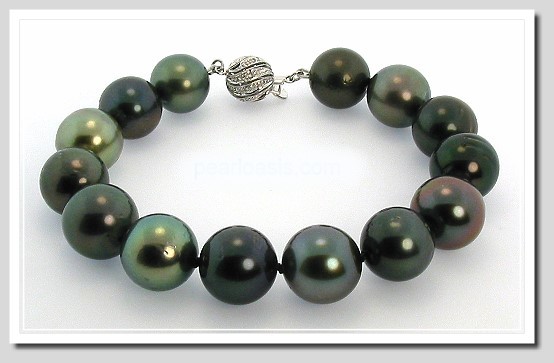12.1MM - 13.4MM Multi Color Tahitian Pearl Bracelet 14K Diamond Clasp 8.25in