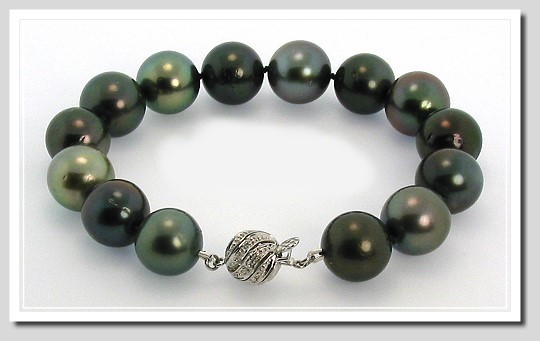12.1MM - 13.4MM Multi Color Tahitian Pearl Bracelet 14K Diamond Clasp 8.25in
