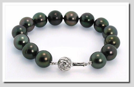 12-12.6MM Black Tahitian Pearl Bracelet 14K Diamond Clasp 7.8in. 