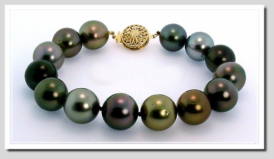 12.5-13.6MM Multi Color Tahitian Pearl Bracelet 14K Clasp 8.2in. 