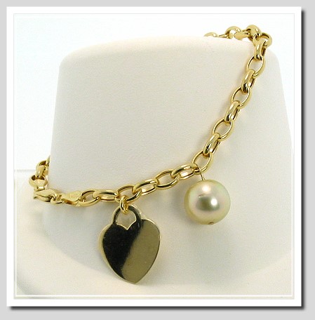 Link Bracelet with 10.3MM Gold South Sea Pearl and Heart, 14K Yellow Gold 7.5in.