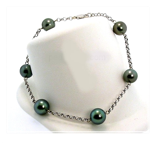 8.1MM -8.8MM Peacock Tahitian Pearl Tin Cup Bracelet 14K White Gold 8in