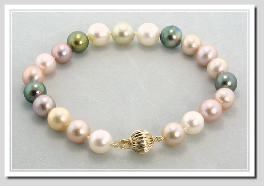 8.2-9.6MM Multi Color Tahitian and Freshwater Pearl Bracelet 14K Clasp 8.25in.