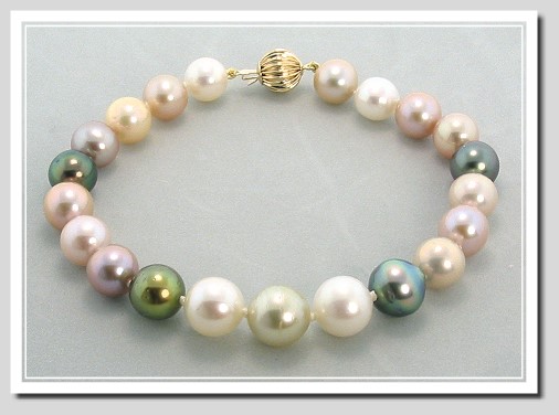8.2-9.6MM Multi Color Tahitian and Freshwater Pearl Bracelet 14K Clasp 8.25in.