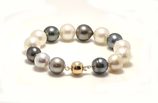 12MM - 13.7MM Gray Tahitian & White South Sea Pearl Bracelet, 14K Clasp, 8in