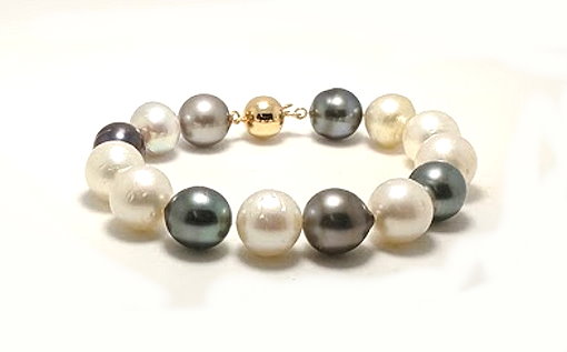 12MM - 13.7MM Gray Tahitian & White South Sea Pearl Bracelet, 14K Clasp, 8in