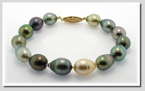 9.4X11MM - 10.9X15MM Multi Color Baroque Tahitian Pearl Bracelet 14K Clasp 8in