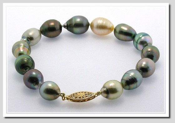9.4X11MM - 10.9X15MM Multi Color Baroque Tahitian Pearl Bracelet 14K Clasp 8in