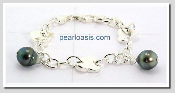 9.9X12MM Tahitian Pearl & Heart Sterling Silver Bracelet 7.5in