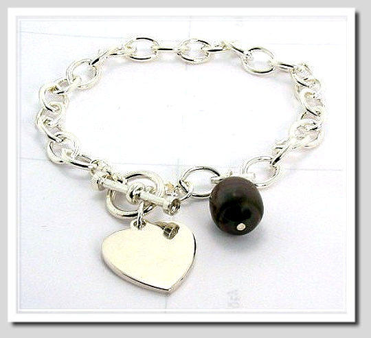 10.35X13.6MM Tahitian Pearl & Heart Sterling Silver Bracelet 8in