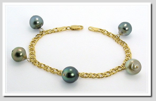 9.5-9.9MM Multi Color Tahitian Pearl Dangle Bracelet 10K Yellow Gold 7in.