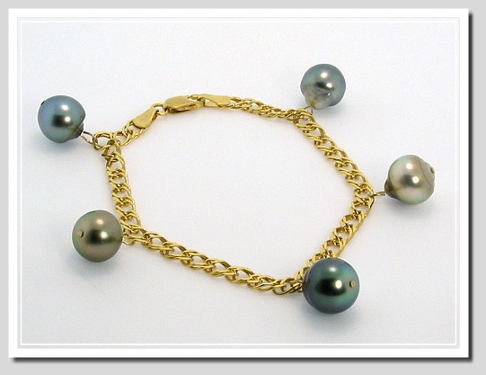 9.5-9.9MM Multi Color Tahitian Pearl Dangle Bracelet 10K Yellow Gold 7in.