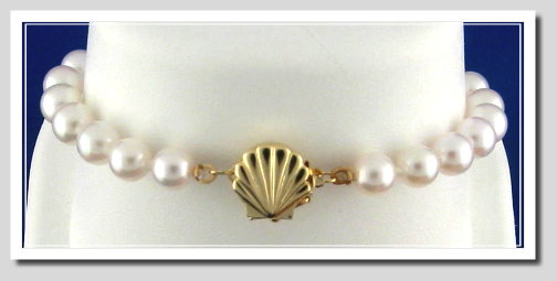 AA Grade 6-6.5MM Chinese Akoya Cultured Pearl Bracelet w/14K Sea Shell Clasp, 8 Inches