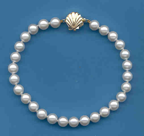 AA Grade 6-6.5MM Chinese Akoya Cultured Pearl Bracelet w/14K Sea Shell Clasp, 8 Inches