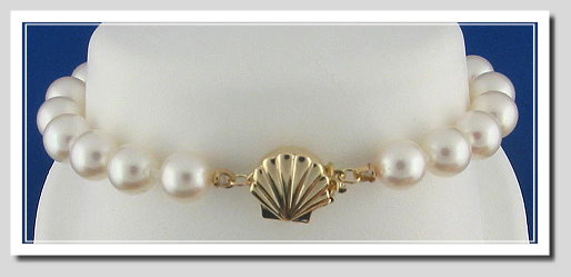 AA Grade 7-7.5MM Chinese White Akoya Cultured Pearl Bracelet w/14K Sea Shell Clasp, 8 Inches