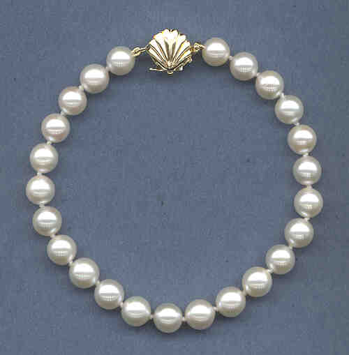 AA Grade 7-7.5MM Chinese White Akoya Cultured Pearl Bracelet w/14K Sea Shell Clasp, 8 Inches