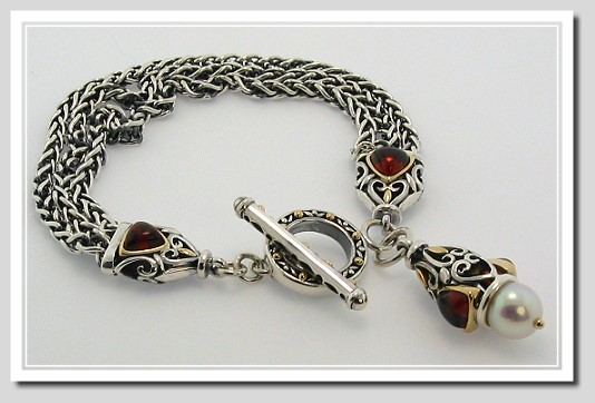 Garnet & Freshwter Cultured Pearl Bracelet, Sterling  Silver/14K Gold 7in.