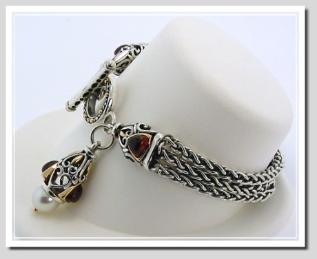 Garnet & Freshwter Cultured Pearl Bracelet, Sterling  Silver/14K Gold 7in.