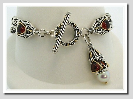 Garnet & Freshwter Cultured Pearl Bracelet, Sterling  Silver/14K Gold 7in.