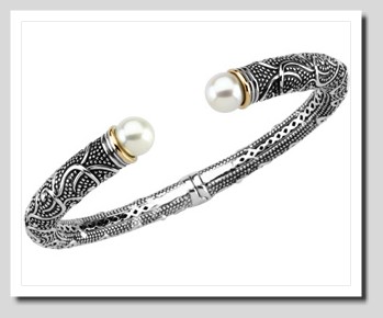 8.5MM Freshwter Cultured Pearl Bangle Bracelet, Sterling  Silver/14K Gold  