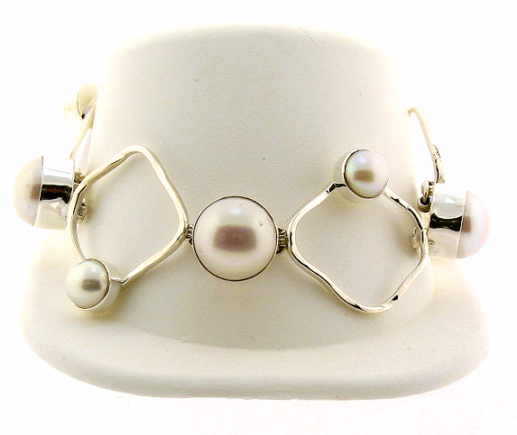 8MM - 12MM White Freshwater Pearl Silver Link Bracelet 7-8in