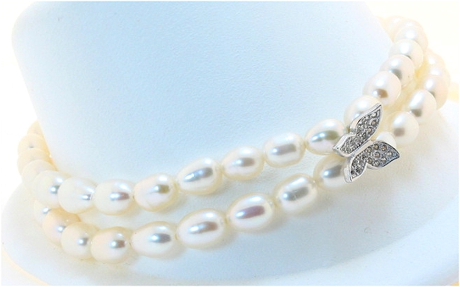 Double Strand White Freshwater Pearl & White Crystal Butterfly Charm Bracelet, Silver