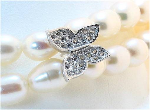 Double Strand White Freshwater Pearl & White Crystal Butterfly Charm Bracelet, Silver