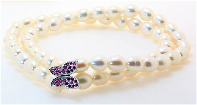 Double Strand White Freshwater Pearl & Pink Crystal Butterfly Charm Bracelet, Silver