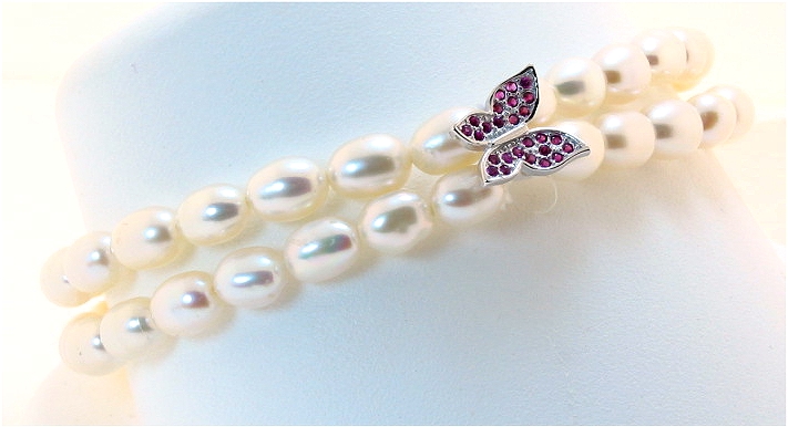 Double Strand White Freshwater Pearl & Pink Crystal Butterfly Charm Bracelet, Silver