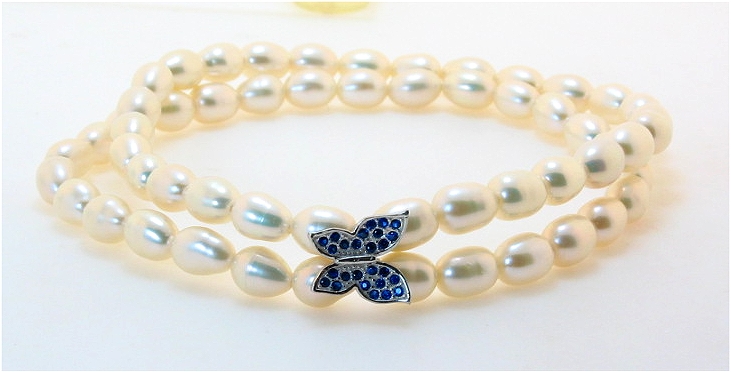Double Strand White Freshwater Pearl & Blue Crystal Butterfly Charm Bracelet, Silver